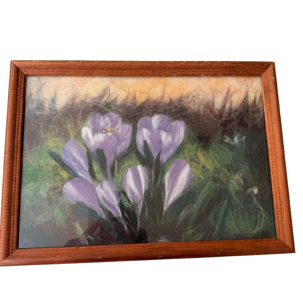 Handmade wool felted art picture crocuses wooden frame 9x12